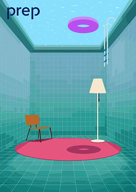 Surreal indoor swimming pool scene