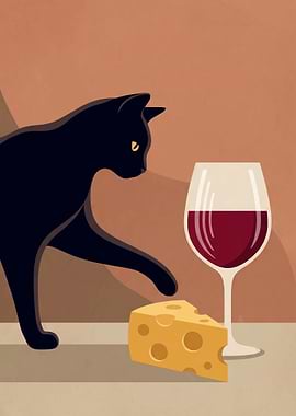 Minimalist Black Cat Wine and Cheese