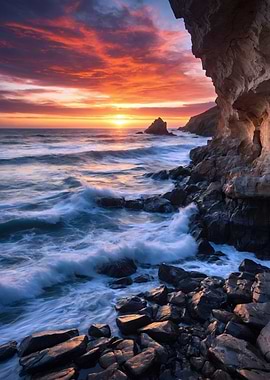 Dramatic Sunset Over Rocky Coastline