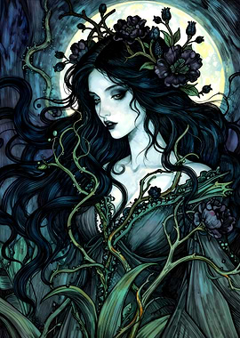 Gothic Moonlit Woman with Flowers