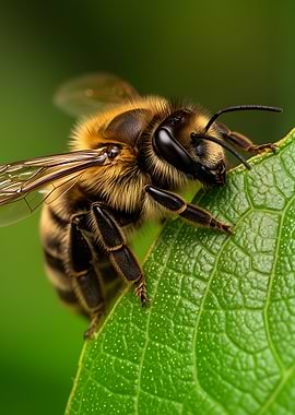 Close-up of a bee on a green leaf