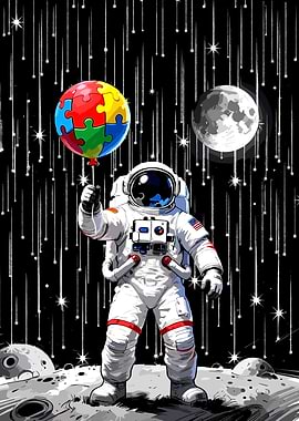 Astronaut Holding Autism Awareness Balloon on Moon