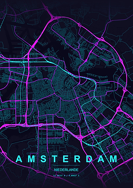 Amsterdam City Map Neon Art