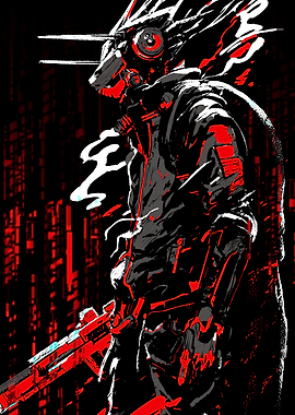 Cyberpunk warrior with futuristic rifle