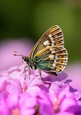 Butterfly on a pink flower with dew drops