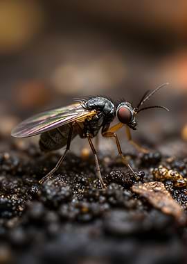 Macro shot of a fly on dark soil