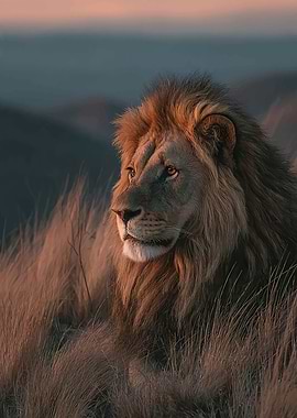 Majestic Lion in Golden Hour Grass