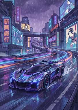 Cyberpunk Car in Rainy City