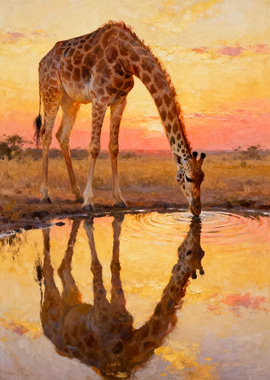 Giraffe Drinking Water at Sunset