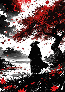 Samurai Under Red Moon and Maple Leaves