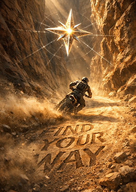 Motorcyclist Navigating Canyon with Guiding Star