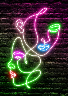Neon Line Art Faces of Beautiful Women on a dark Brick Wall Background