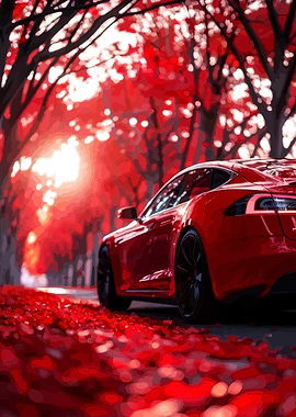 Red Car in Autumn Forest