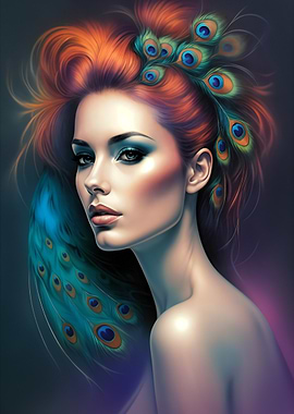 Woman with Peacock Feathers in Hair