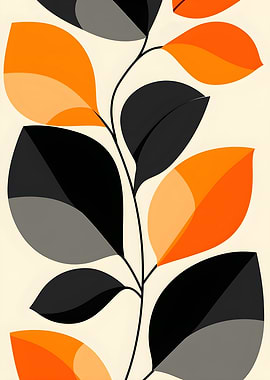 Abstract Floral Branch with Orange and Black Leaves