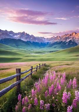 Mountain Valley at Sunset with Wildflowers