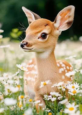 Cute Fawn in a Field of Daisies