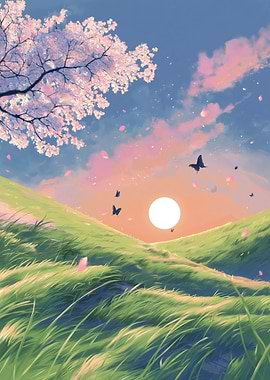 Anime Landscape with Cherry Blossoms and Butterflies