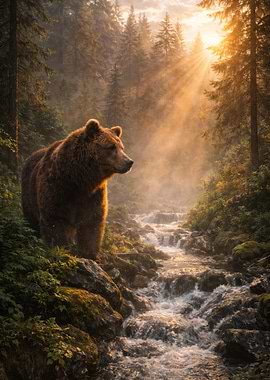 Bear by a Forest Stream at Sunrise