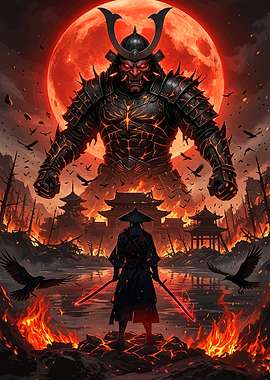 Samurai Warrior Facing Giant Demon Under Blood Moon