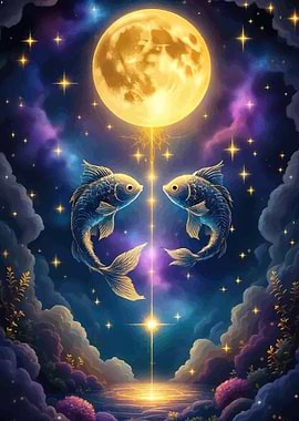 Pisces Zodiac Sign with Moon and Stars