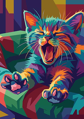 Colorful Cat Yawning in Pop Art Style