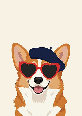 Corgi Wearing Beret and Heart Sunglasses
