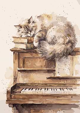 Cat Sleeping on Books on Piano