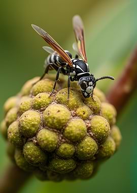 Wasp on a green fruit