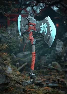Fantasy Battle Axe with Japanese Kanji