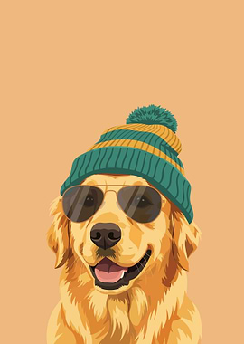 Cool Golden Retriever Dog Wearing Hat and Sunglasses