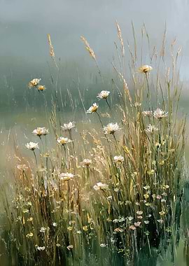 Oil Painting of Daisies in a Field