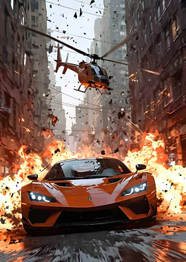 Explosive Car Chase with Helicopter