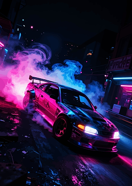 Cyberpunk Car Drifting in Neon City