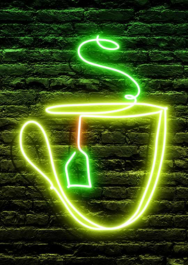Neon Tea Cup with Tea Bag Hot Drink against dark Brick Wall Background