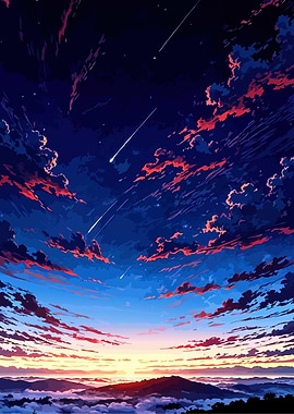 Anime Sunset Sky with Shooting Stars