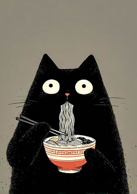 Black Cat Eating Ramen