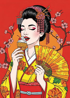Geisha Eating Ice Cream with Fan