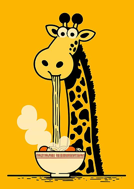 Giraffe eating noodles from a bowl