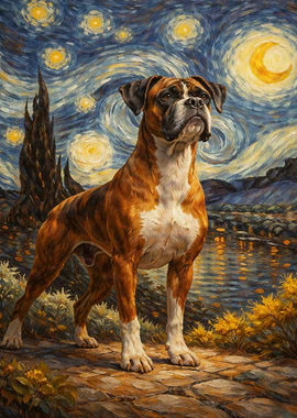 Boxer Dog in Starry Night Style