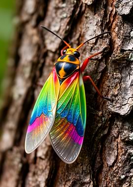 Rainbow Cicada on Tree Bark