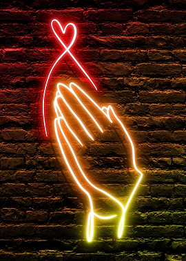 Neon Hands Praying, Religion, Love, Heart against a black Brick Wall Background