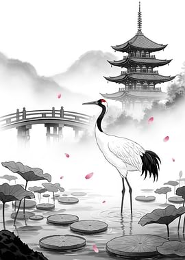 Crane and Pagoda in Misty Landscape