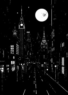 Nighttime Cityscape with Full Moon