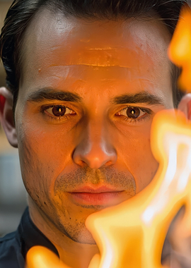 Man in front of fire