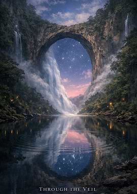 Magical Waterfall Archway Under Stars