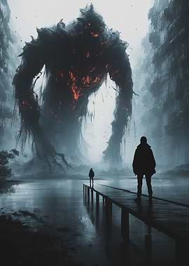 Giant Monster and Silhouetted Figures