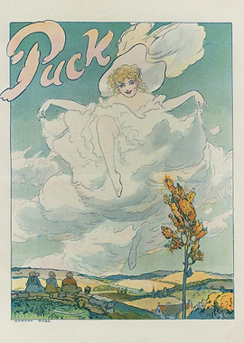 Puck Magazine Cover with Woman in Clouds