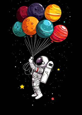 Astronaut holding planet balloons in space