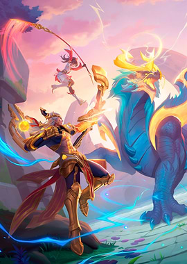 Dragon and Warriors in Fantasy Landscape